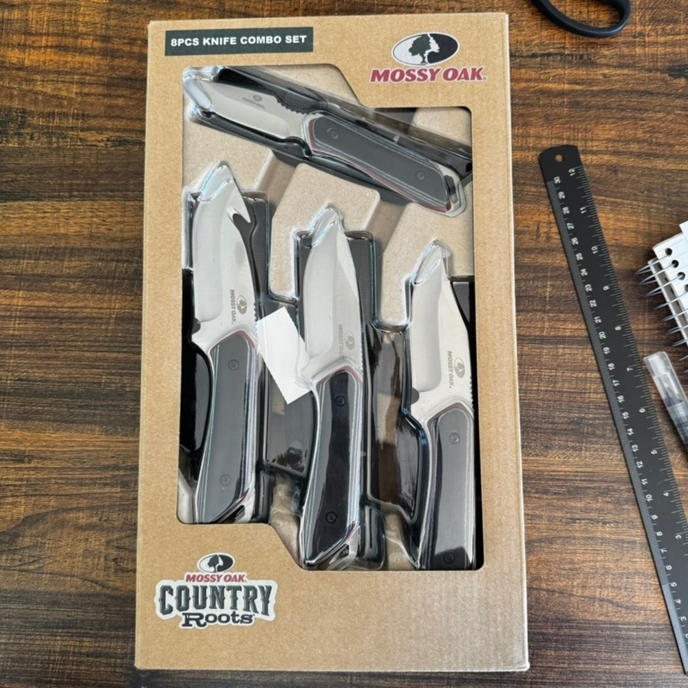 Mossy Oak Country Roots 8 Piece Knife Combo Set Fixed Blade Gut Hook Drop Point